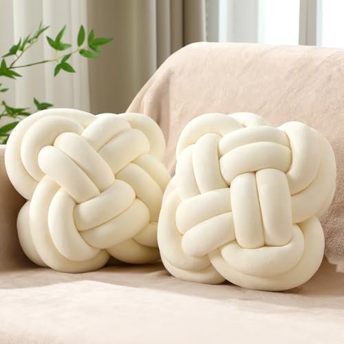 Beeveer 2 Pcs Knot Pillow Balls Set, 12 Inch Soft Decorative Throw Knot Pillow Ball, Large Square Knotted Floor Cushion for Living Room Bedroom Sofa Couch Bed Home Decoration(Beige)