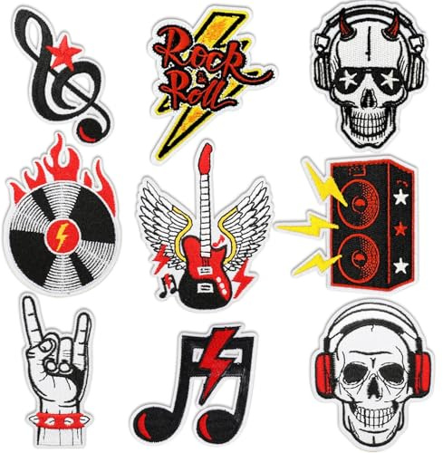 Huaxintoys 9 Stück Rock Punk Band Patch Set, Musikstil Patch Zum Aufbügeln, Flicken Zum Aufbügeln Totenköpfe, Patches Zum Aufnäher Aufbügel Patches Schädel Muster für Jacken Hut Kleidung
