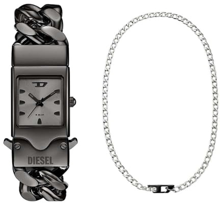 Diesel Herren Closer Grey Uhr und D-Logo Halskette Zweifarbiger Edelstahl, Set