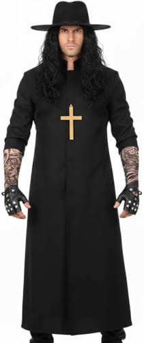 Erwachsenenkostüm 90er Jahre Wrestler – Schwarze Staubjacke, gekräuselte Perücke, Hut, Tattoo-Ärmel, Nietenhandschuhe, goldenes Kreuz, schwarzer Ziegenbart – Erwachsenen-Wrestling-Kostüm