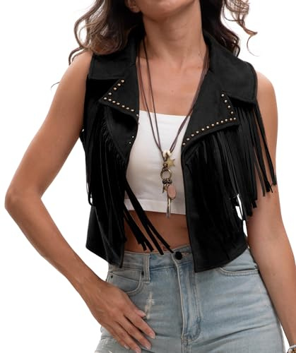 Panegy Damen-Weste mit Fransen 70er-Jahre-Hippie-Look Kunstwildleder Ärmellose Jacke mit Quasten Offene Vorderseite Cowgirl-Nieten Strickjacke