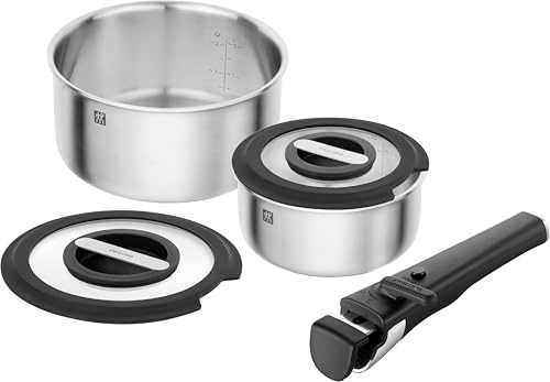 ZWILLING Unlock Kochtopfset 5-teilig, Stapelbar, Abnehmbarer Griff | Edelstahl, Alle Herdarten, Induktion, Optimal für kleine Küchen & zum Campen
