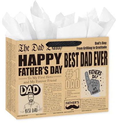 Loveinside 33 cm Vintage-Zeitung-Geschenktasche zum Vatertag mit Best Dad Ever-Design - Kraftpapier mit Geschenkpapier, ideal für Papa, Ehemann, Opa, Vatertag, Feiertage - 33x12,7x25,4 cm, 1 Stk.