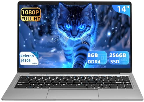 Rumtuk 14 Zoll Laptop,Celeron J4105 Quad-Core,8GB DDR4 RAM,256GB SSD,Grau | FHD IPS Display,WiFi,Bluetooth,Webcam,180° Scharnier,TF Card Slot,USB 3.0,Leichtes Notebook für Geschäft und Studium
