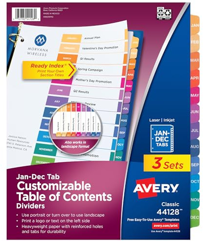 Avery Jan-Dec 12 Tab Dividers for 3 Ring Binders, Customizable Table of Contents, Multicolor Tabs, 3 Sets (44128)