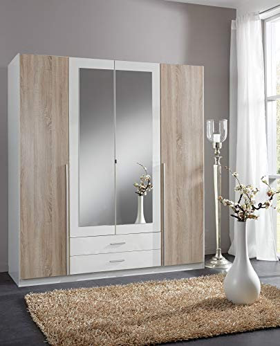 Beauty.Scouts Möbel EXTARA Collection Kleiderschrank Cocoon III Schlafzimmerschrank Kleideraufbewahrung Spiegeltüren Drehtürenschrank Alpinweiß Eiche Sägerau NB 180x198x58