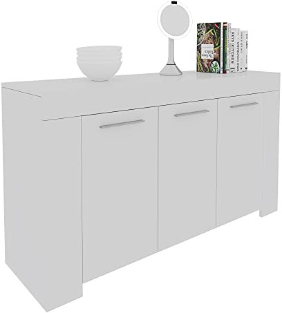 Sideboard mit DREI Türen mit DREI Innenregalen, mattweiße Farbe, Maße 144 x 80 x 42 cm