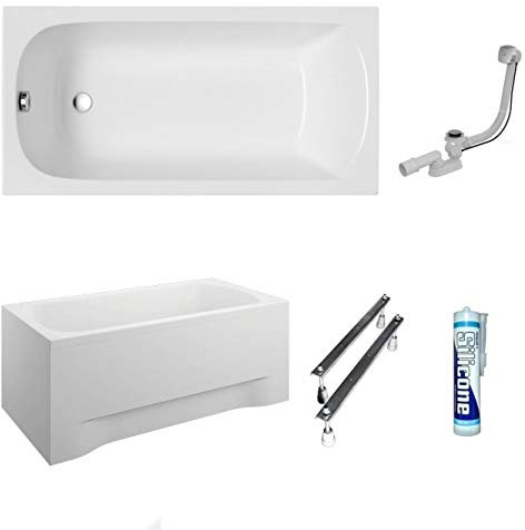 ECOLAM Baignoire rectangle acrylique Classic 120x70/ 130x70/ 140x70/ 150x70/ 160x70/ 170x70 cm + tablier | pieds siphon + silicone (160x70)