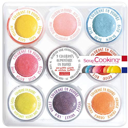 ScrapCooking - 9x Set Lebensmittelfarben Pulver - Blau, Gelb, Rosa, Violett, Orange, Zitronengrün, Rot, Puderrosa, Schwarz - Farbpulver Essbar für Torten, Kuchen, Makronen - 4270