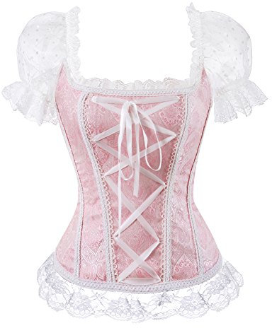 Women's Princess Renaissance Corset Lace Ruched Sleeves Elegant Overbust Top, Pink, XXXXL