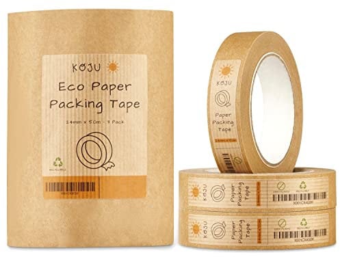 Koju Kraft Paper Packing Tape 24mm x 50m | 1/3/6/36 packs | Eco Friendly & Recyclable Brown Paper Tape for Parcel Packing & Picture Framing | 3 Pack