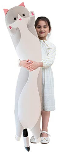 Stofftiere Katzen Kissen Lange Kätzchen Süße Plüschtier Katze Kuscheltier Kawaii Plüsch Sofakissen Geschenke für Freunde Kinder (Grau, 110cm/43.30inch)