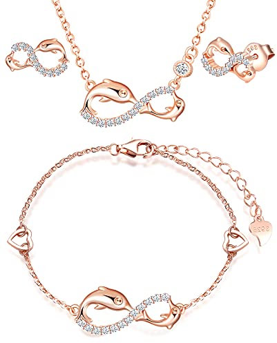 INFINIONLY Parure di gioielli, Bracciale Orecchini Collana ciondolo da donna ragazza, Collana Bracciale Orecchini in argento 925, Set di gioielli simbolo dell'infinito e delfino carino, oro rosa