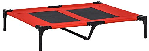 PawHut Cama Elevada para Perros Gatos Portátil Cama para Mascotas con Zona de Malla Transpirable y Tela Oxford para Interior Exterior 92x76x18 cm Rojo