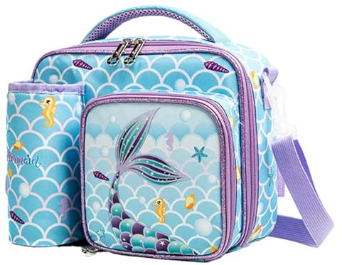 Wenlia Bolsa de almuerzo con fiambrera de botella, Unicornio Lonchera para niños Bolsa para El fiambrera aislada mochila escolar, fiambrera de Dinosaurio, para niños pequeños Porta Alimentos (Sirena)
