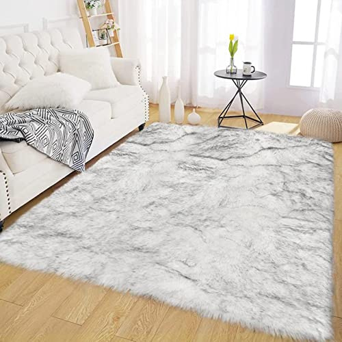 Latepis Shaggy Rug Faux Sheepskin Washable Washable Decorative Rectangular 15 x 20 cm White with Grey Spikes