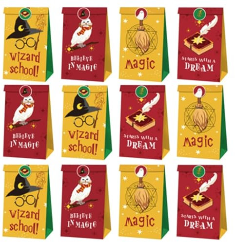 Sacchetti Regalo di Carta, 12 Pezzi Harry Potter Sacchetto per Caramella Con 18 adesivi, Sacchetti da Festa per confezionare Regali, Compleanni dei Bambini, giveaways, Natale, Feste a Tem