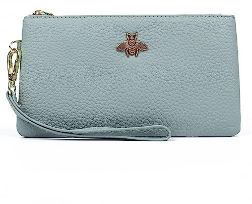 imeetu Women's Wristlet Clutch Purse Leather Cell Phone Wallet Handbag with Wrist Strap, Light Blue, with Wrist Strap