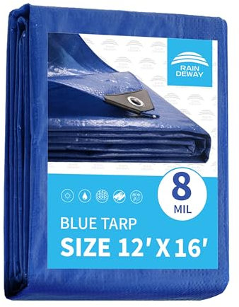 RAINDEWAY Tarps 12x16 Feet, 8 Mil Thick, UV Resistant, Multipurpose Waterproof Poly Tarp Cover with Metal Grommets and Reinforced Edges, Durable Blue Tarp