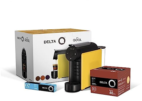 Delta Q - Pack Cafetera con Cápsulas - Mini Qool Amarilla - Para Cafés, Té y Bebidas Calientes - Sencilla y Práctica - Diseño Elegante - Incluye Pack 40 Cápsulas Qalidus + 10 Cápsulas Decaf