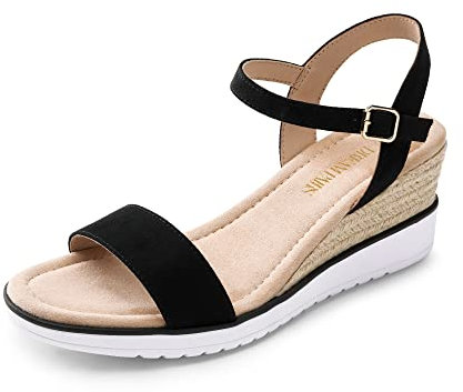 DREAM PAIRS Damen-Espadrilles mit offener Zehenpartie, Elegante Plateau-Sandalen zum Hineinschlüpfen, elastische Knöchelriemen, Keilabsatz-Sandalen,Size 37,Schwarz,SDPW2342W-E