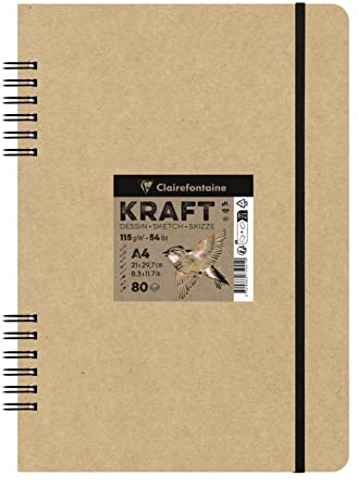 Clairefontaine 975941C - Skizzenbuch Kraft Natur mit Doppelspirale, 80 Blatt 115g, DIN A4 21x29,7cm, ideal für Multitechniken, 1 Skizzenbuch