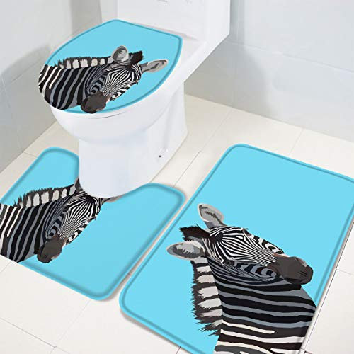 Set 3 Teilig Badvorleger Cartoon-Tier-Zebra-Druck Langlebige Bade-Matte+Kontur+Wc-Deckelabdeckung Anti-Rutsch Teppich Für Badewanne Badezimmer Dusche