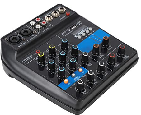 4 Channel Mini Audio Mixer with Indicator, 2 Mono Channels, 2 Bands EQ, USB Powered for Guitars, Bass, Keyboards & Stage