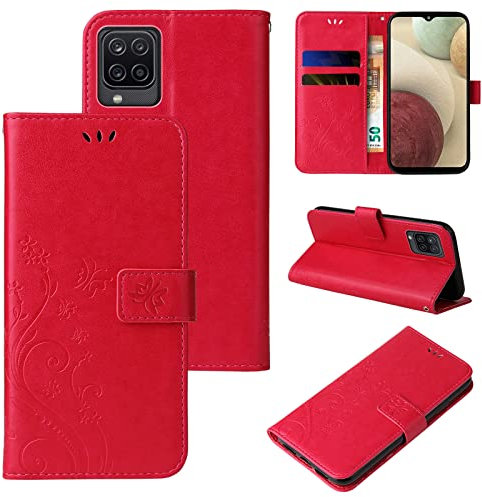 LBH Handy Hülle für Samsung Galaxy A12 Case Handytasche Schmetterling Blumen Flower Standfunktion Schutzhülle Magnet Rundum Schutz 360 Grad Flipcase Cover Rot