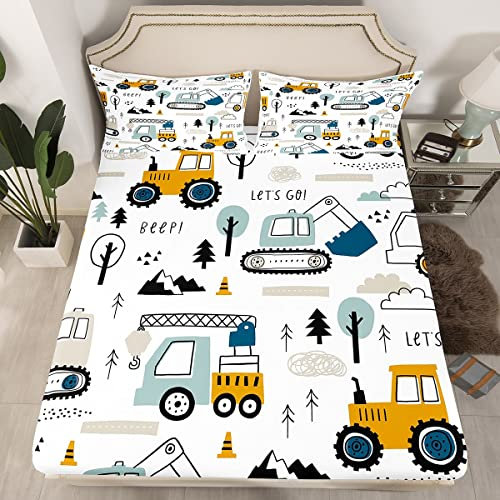 Loussiesd Auto Spannbettlaken 140x200cm Kinder Jungen BAU Spannbettlaken Karikatur Bagger Kran Zugmaschine Spannbetttuch Jugendliche LKW Traktor Spannbettlaken Weiß Gelb Bettdecke Schlafzimmer Dekor