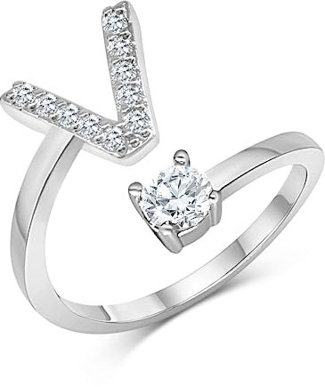 Zelaro Silber Ring mit Buchstabe | Zirkonia Ring mit Initialen | Pärchen Ringe für Mädchen Geschenk für Freundin | Frauen Ring als Schmuck Ringe zum Jahrestag | Verstellbare Ringe in Silber (V)