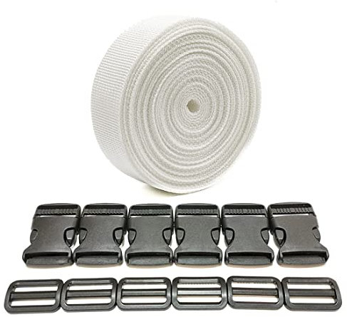 Ruban de Sac à Dos 3 m x 25 mm + 12 Boucles en Plastique, Sangle en Nylon Avec Fermoirs pour Bagages et Valises (25 mm, Blanc 101)