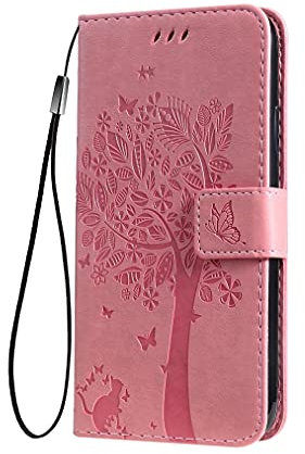 SEAHAI Coque pour Motorola Moto G14 Etui Portefeuille, Joli Rétro Feuilles et Chat Embossée Premium PU Cuir Housse Flip Cover, Étui Antichoc Case, Pink