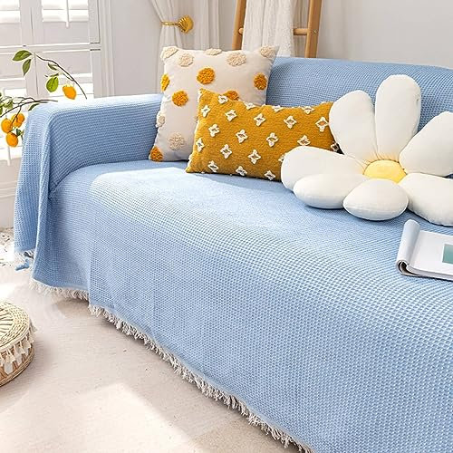 Homxi Sofahusse 1Sitzer,90x150CM,Sofabezug Einfarbig mit Quaste Sofaüberwurf Decke Baumwolle Sofa-Handtuch Blau Sofaüberwurf Decke