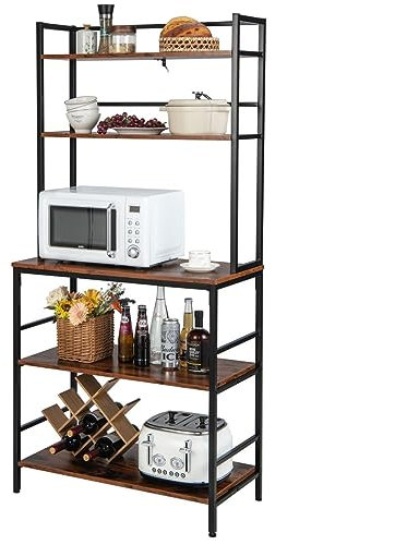 TANGZON 5-Tier Kitchen Baker's Rack, Freestanding Microwave Oven Stand with Wine Rack & Anti-Toppling Device, Metal Frame Utility Storage Shelf for Dining Living Room (No Wine Rack, 80x40x170cm)