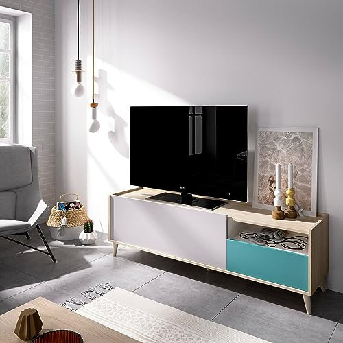 Dmora - Mobile porta TV Tamaro, Credenza bassa da soggiorno, Madia da salotto per televisione, 155x43h47 cm, Rovere e Bianco