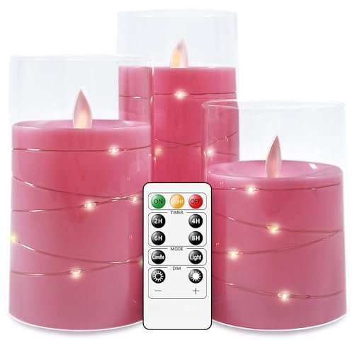 salipt Bougie LED, Bougies LED Flamme Vacillante Lot de 3, Bougies à Piles en Verre Avec Télécommande et Minuteur, Diamètre 7.6 cm, Hauteur 10.2 12.7 15.3 cm - Rose