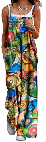 YESNO Women's Ladies Dungarees Summer Boho Floral Printed Overalls Cotton Baggy Jumpsuits with Pockets L PZZCRUK 354