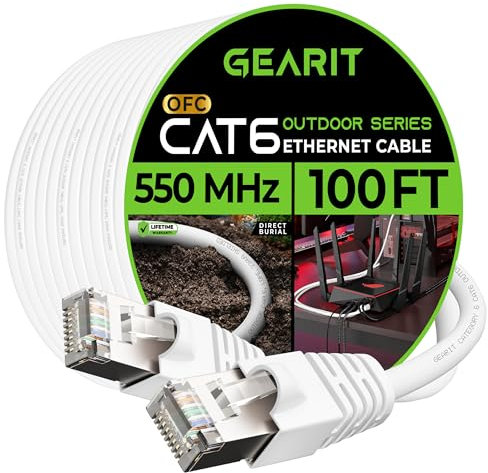 GEARit Cat6 Outdoor Ethernet Cable (100ft) 23AWG Pure Copper, FTP, LLDPE, Waterproof, Direct Burial, In-Ground, UV Resistant, POE, Network, LAN, Internet, Cat 6, Cat6 Cable - 100 Feet