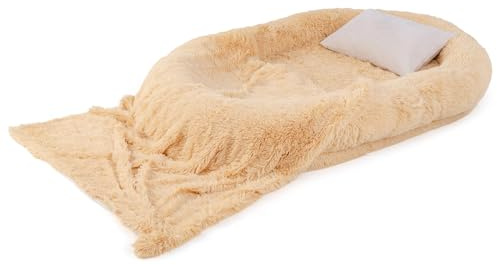 GYMAX Hundebett für Menschen & Hunde, riesiges Sitzsackbett, 171 x 115 x 25 cm, waschbares orthopädisches Haustierbett flauschig mit weicher Decke, Aufbewahrungsgurten & abnehmbarem Bettbezug (Braun)