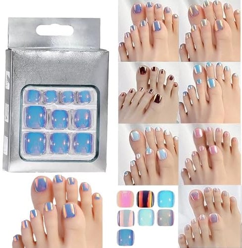 24 Pcs False Toenails Ombre Cat Eye Aura Pearlescent Mermaid Glitter Violet Blue Colour Gloss Finish Full Cover Press On False Fake Artificial Toenails