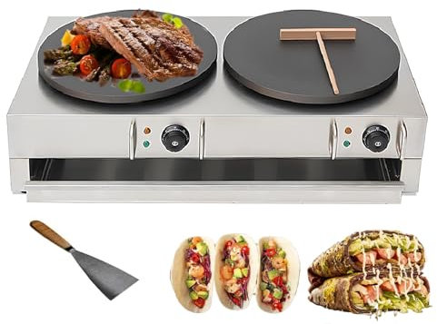 GUUFUFA Crepe Maker Estufa Doble Máquina de panqueques Grande Plancha eléctrica para Crepes Estufa de panqueques de Cereales Ajustable Máquina de Crepes Antiadherente Comercial 90 * 48 * 29 cm