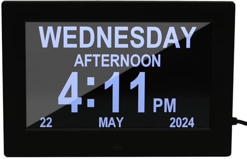 ALLOMN Large Digital Day Calendar Clock, 7 Inch Dementia Clocks with Day and Date for Elderly, Alzheimers Clock with 12 Custom Alarm Options for Seniors, Vision Impaired, Memory Loss (Black)