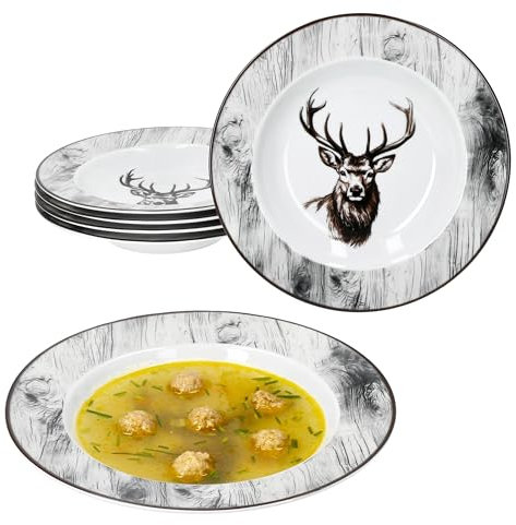 MamboCat Alois 6er Set Suppenteller I 180ml I Porzellan-Geschirr mit Hirsch-Dekor für 6 Personen I tiefe Teller für Salat, Suppe, Müsli, Pasta & Co.