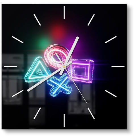 DEQORI Glasuhr | 30x30 cm | Motiv Neon Gaming Symbole | ausgefallene leise Design Uhr aus Glas | Wanduhr für Wohnzimmer & Küche | moderne Hingucker Uhr für die Wand