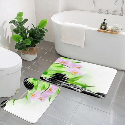 EYLOZS Badezimmerteppich Set 2 Teilig Waschbar rutschfeste Badematte Toilettenmatte Weich Saugfähige Badteppiche,Spa, Zen-Basaltsteine und Orchideen mit Tautropfen Friedliche Naturtherapie-Massage De