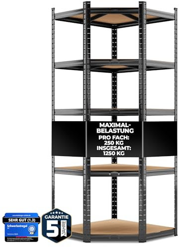ALL Premium Schwerlastregal Eckregal stehend 180x70x40 cm Schwarz - 1250kg Traglast – Regalsystem als Corner Shelf & eck Regal, Schwerlastregal Ecke, ideal für Keller & Lager