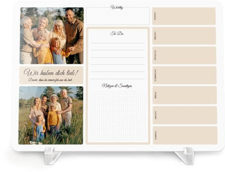 Personalisierter Acrylglas Tischkalender/Notizblock mit Foto abwischbar DIN A4 wählbar inkl. Standfüße und 15 Metallic Marker, langlebig, klarer UV-Druck