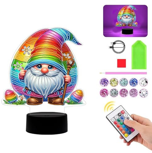 Diamond Painting Nachtlicht Tischdeko Ostern Deko, Diamant Malerei Ostereier Osterdeko Nachttischlampe Tischlampe LED mit Fernbedienung, DIY 5D Diamant Painting Kobold Ostern Geschenk (R)