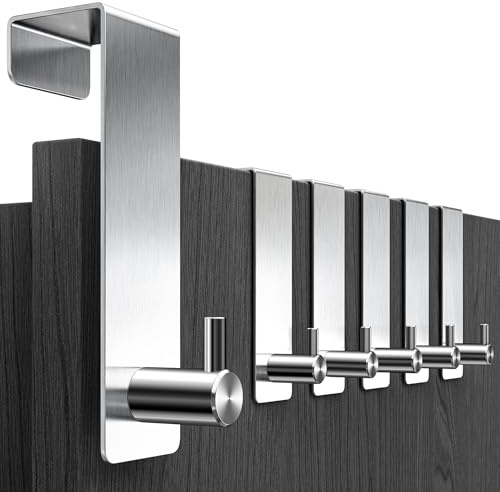 Menz Türhaken aus Edelstahl, 6 Stück, Silber | Türhaken zum Einhängen, stabile Kleiderhaken Tür, Türhakenleiste zum Einhängen als flexible Türgarderobe
